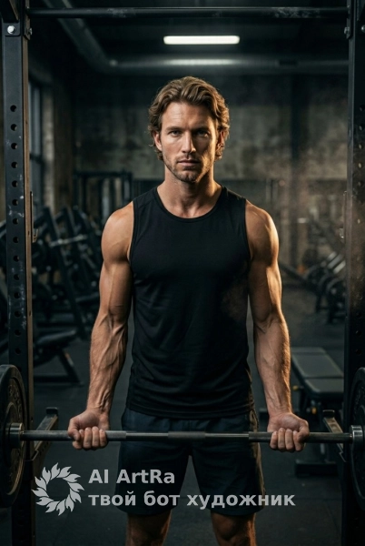 Атлет у штанги в полутемном зале с направленным светом и напряжённым взглядом