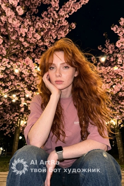 Ночной портрет под цветущей сакурой с жесткой вспышкой