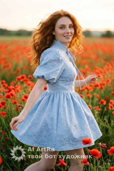 Девушка в голубом платье бежит через поле алых маков на закате