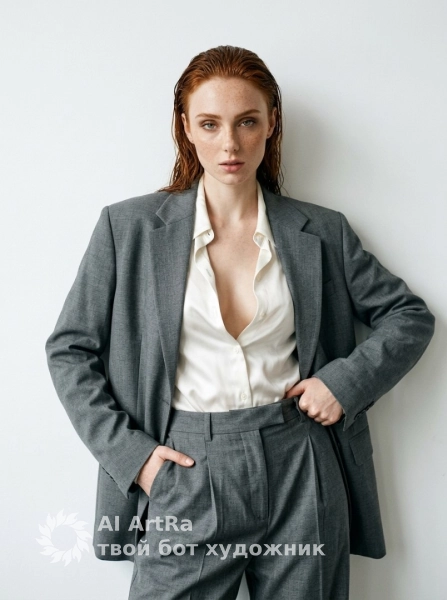 Девушка в сером костюме у белой стены