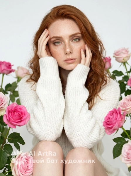 Нежный портрет в белом свитере среди роз