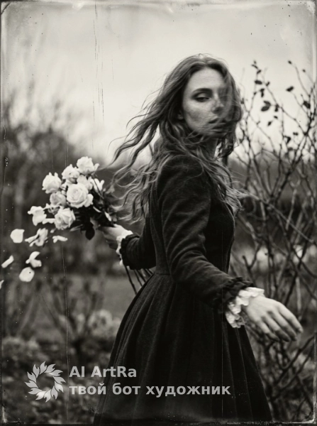 Девушка с букетом роз в движении в ретро стиле