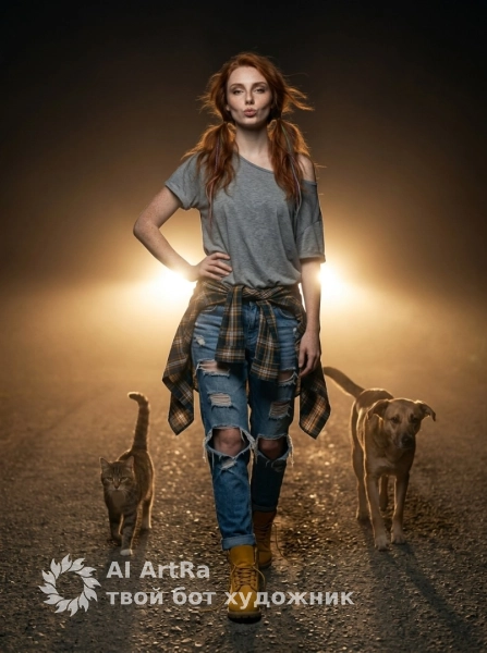 Атмосферная фотосессия с кошкой и собакой в ночи