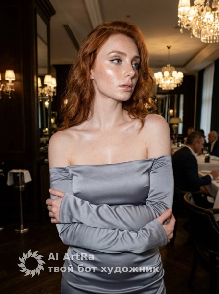 Глянцевая фотосессия в сером атласном платье в ресторане