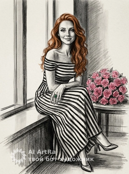 Угольный портрет в полный рост у панорамного окна с розами