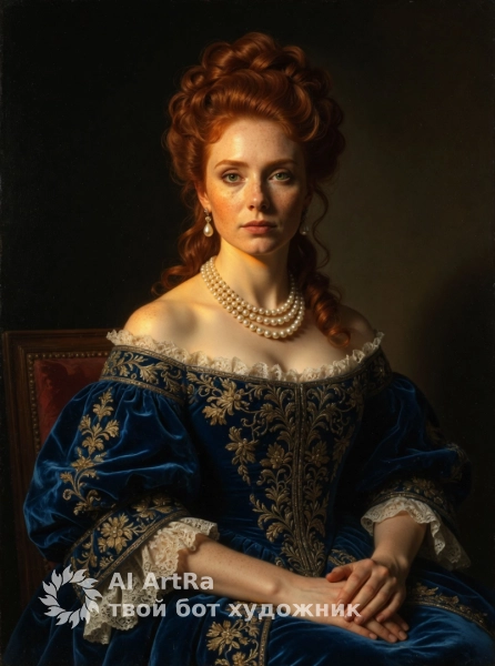 Портрет в синем бархатном платье с жемчугом