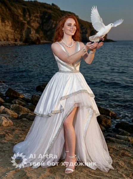 Атмосферная фотосессия с голубем и мягким морским пейзажем
