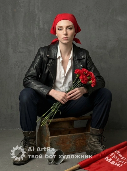 Фотосессия в стиле Вог с образом работницы и красным платком