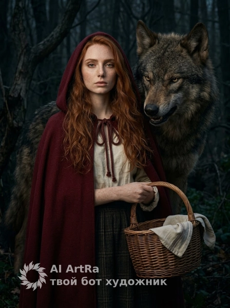 Фотосессия Красной Шапочки с волком в тёмном лесу