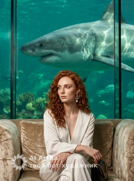 Фотосессия с акулой за стеклом и белым костюмом