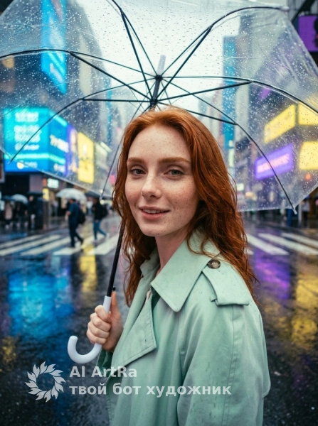 Фотосессия под дождём с неоновыми отражениями