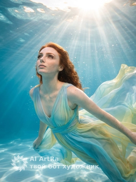 Подводная фотосессия с сияющим шелковым платьем