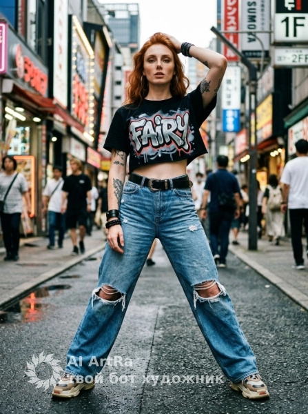 👄 Женские Уличный портрет девушки в широких джинсах и граффити-стиле