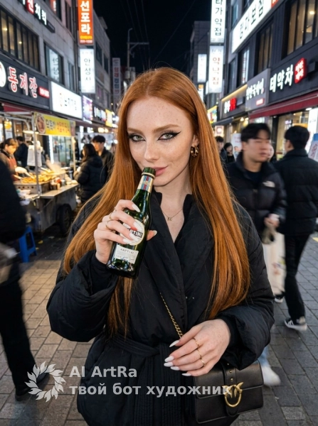 👄 Женские Девушка с бутылкой мартини на ночной улице Сеула