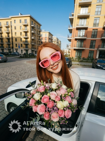 Девушка в розовых очках у белого автомобиля - 