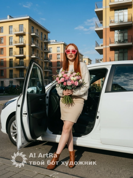 Девушка в розовых очках у белого автомобиля - 