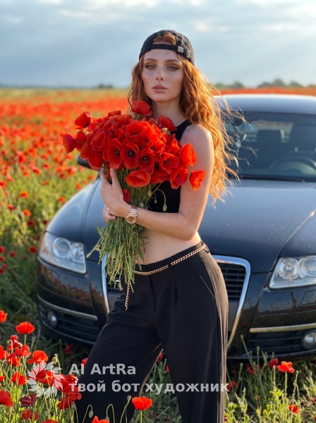 Девушка с букетом красных маков у чёрной Audi - 