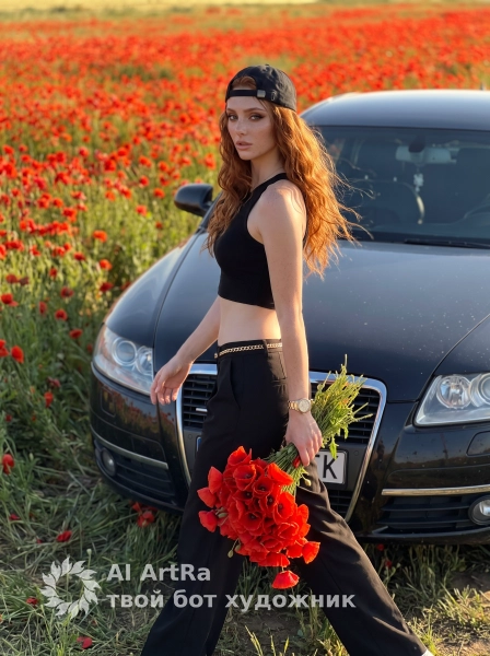 Девушка с букетом красных маков у чёрной Audi - 